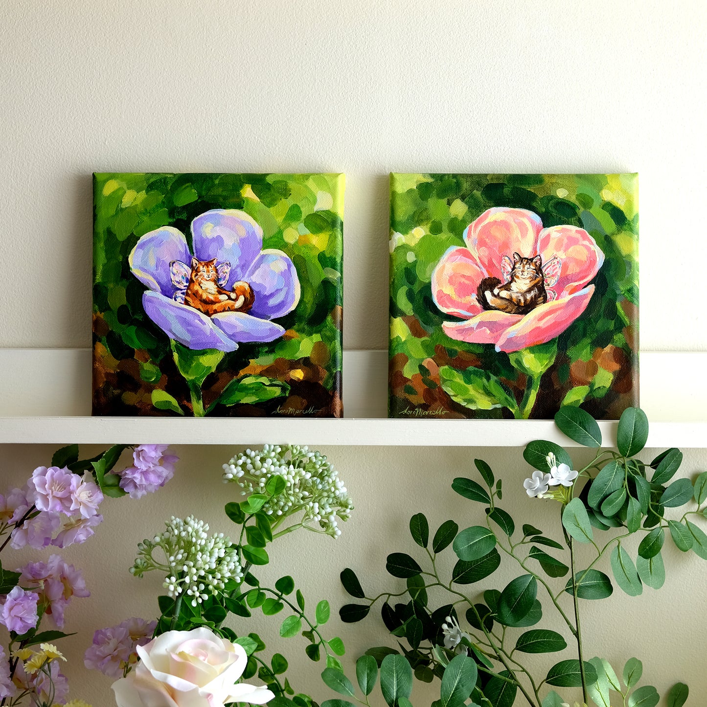 Coins douillets des fées (Chat aux fleurs roses) - Peinture Originale