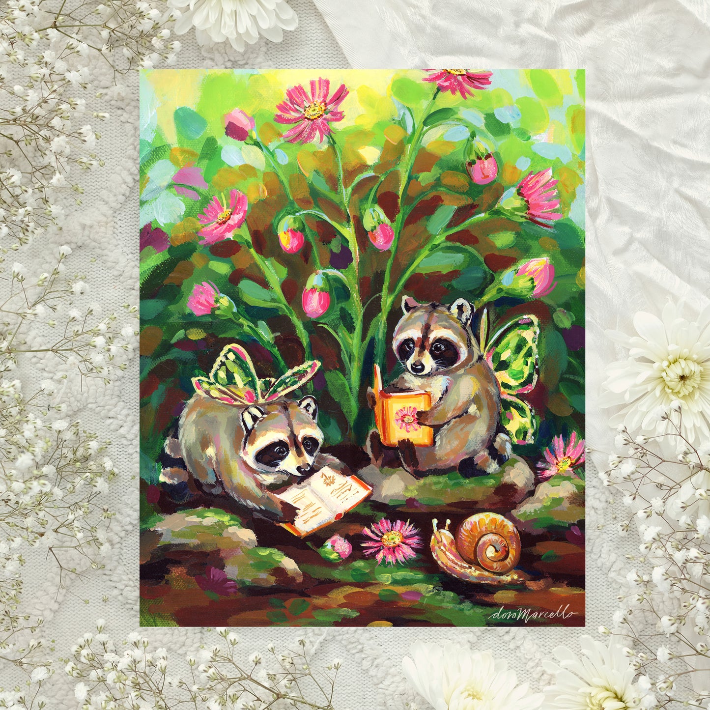 Fairy Raccoons Reading - Art Print