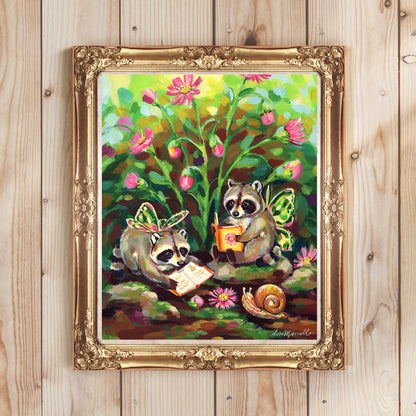 Fairy Raccoons Reading - Art Print