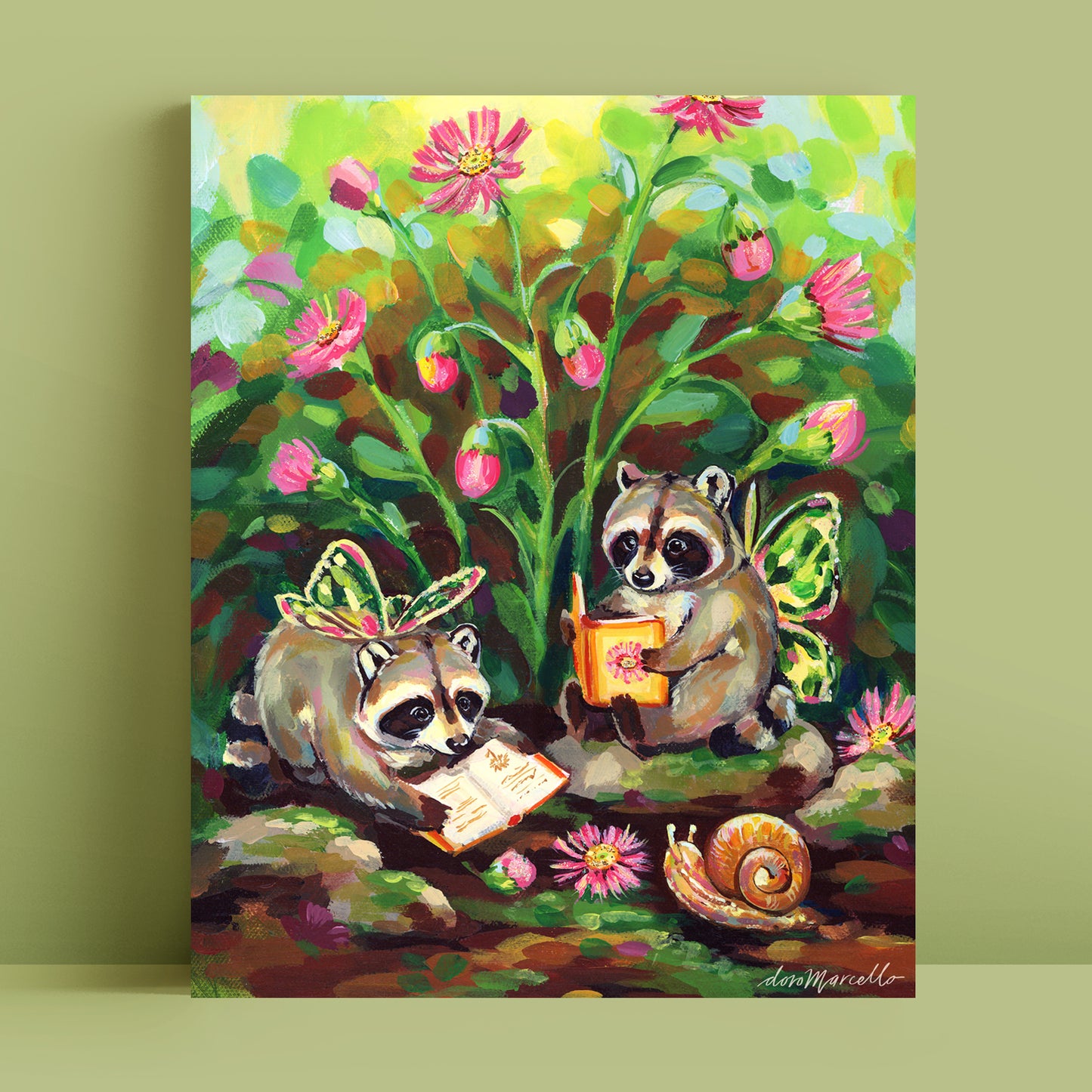 Fairy Raccoons Reading - Art Print