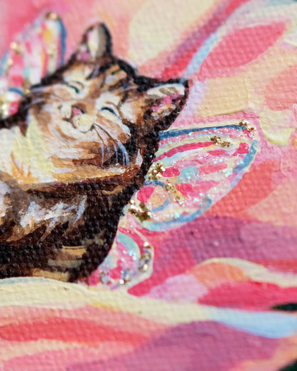 Coins douillets des fées (Chat aux fleurs roses) - Peinture Originale