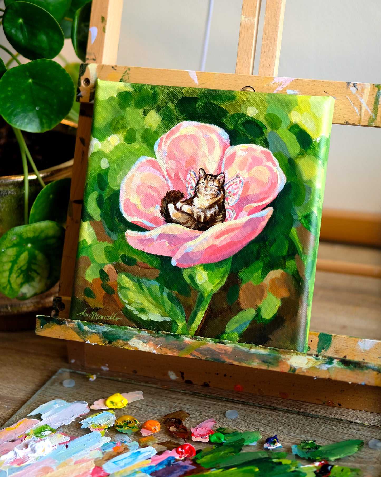 Coins douillets des fées (Chat aux fleurs roses) - Peinture Originale