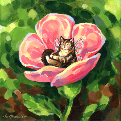 Coins douillets des fées (Chat aux fleurs roses) - Peinture Originale