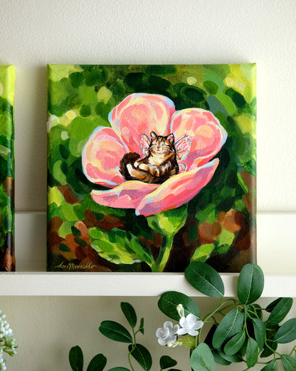 Coins douillets des fées (Chat aux fleurs roses) - Peinture Originale