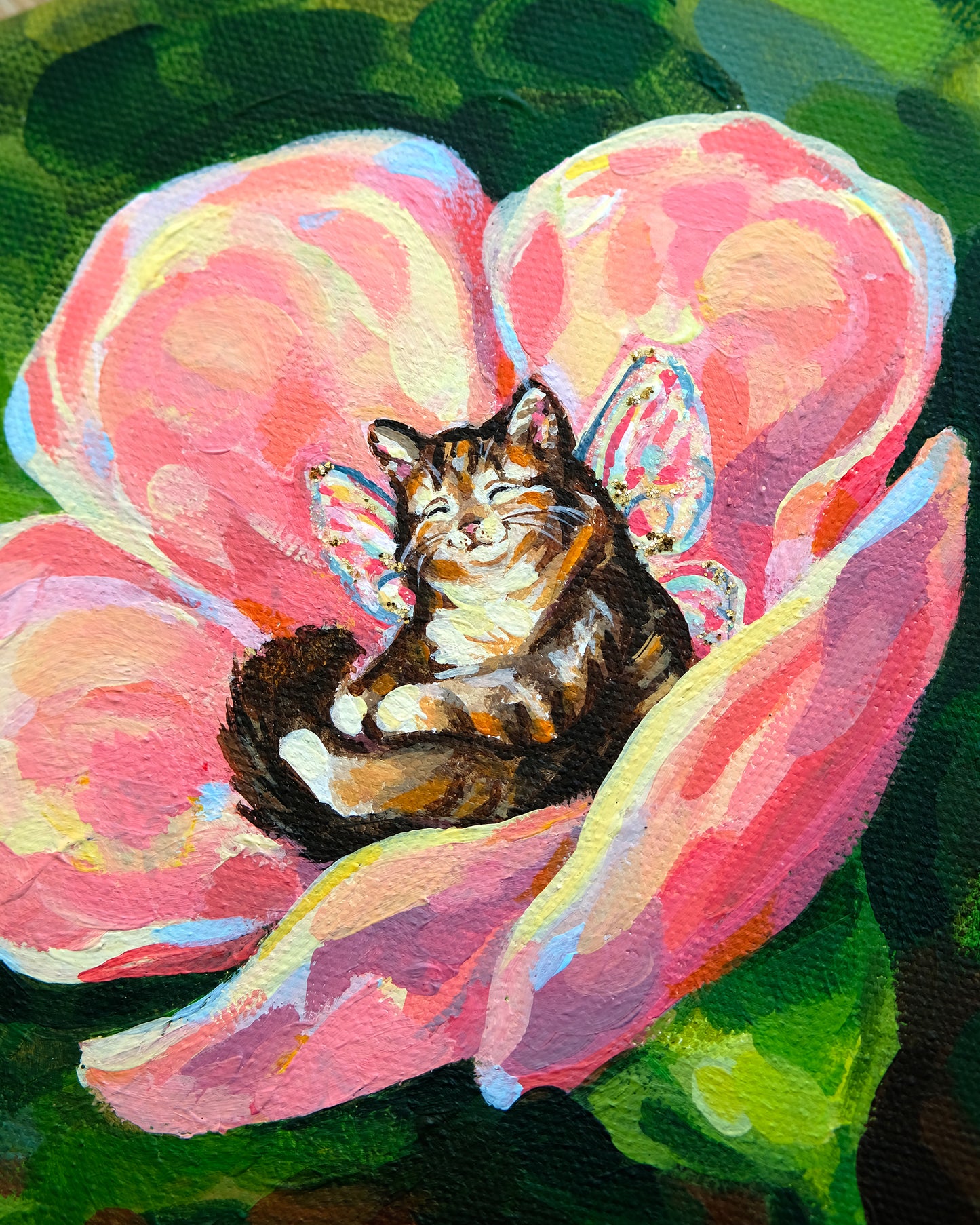 Coins douillets des fées (Chat aux fleurs roses) - Peinture Originale